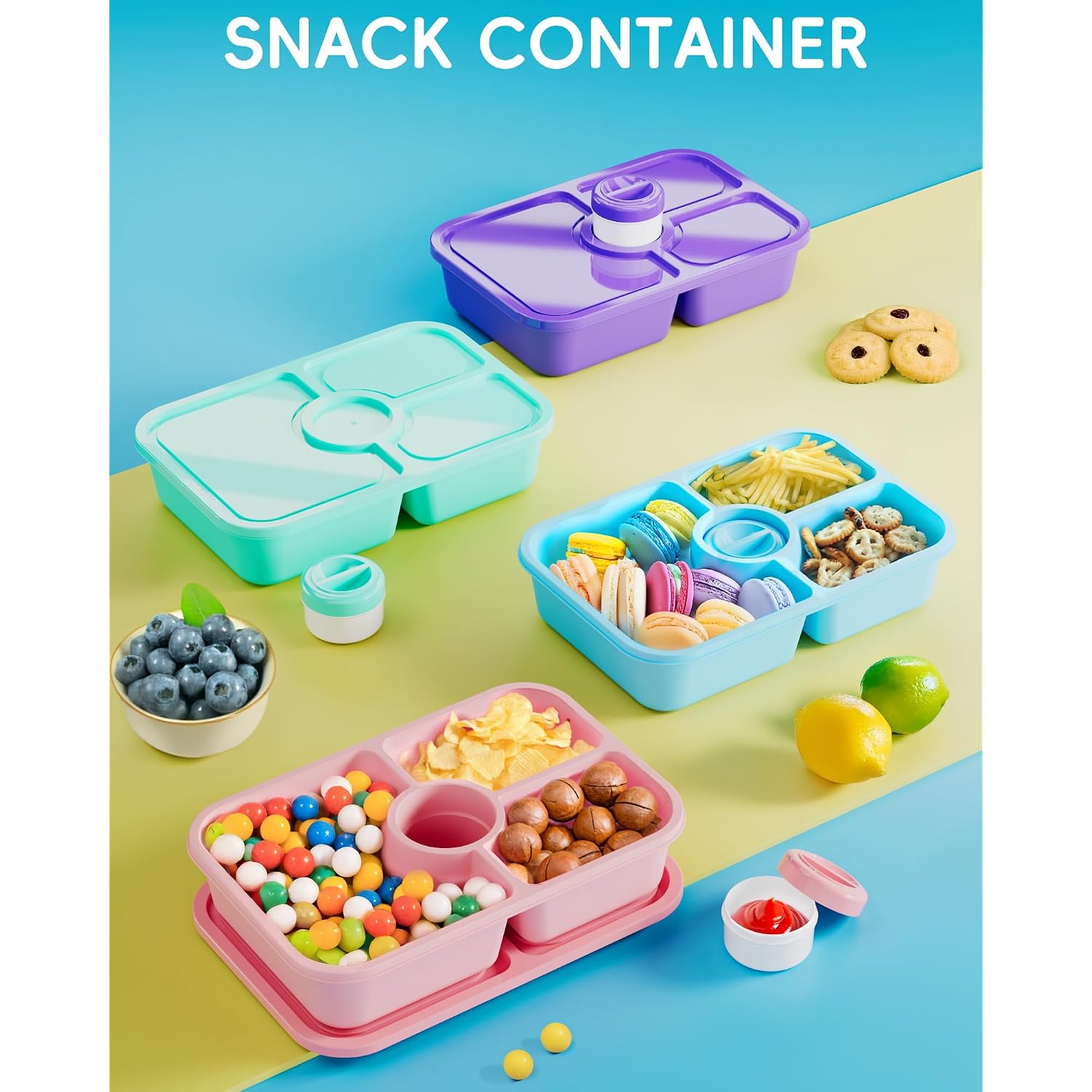 Canfanni 4 Pcs Bento Snack Box Containers, 4 Compartment Divided Stackable Food Storage Containers With Lids, Meal Prep Lunch Container With Sauce Cups