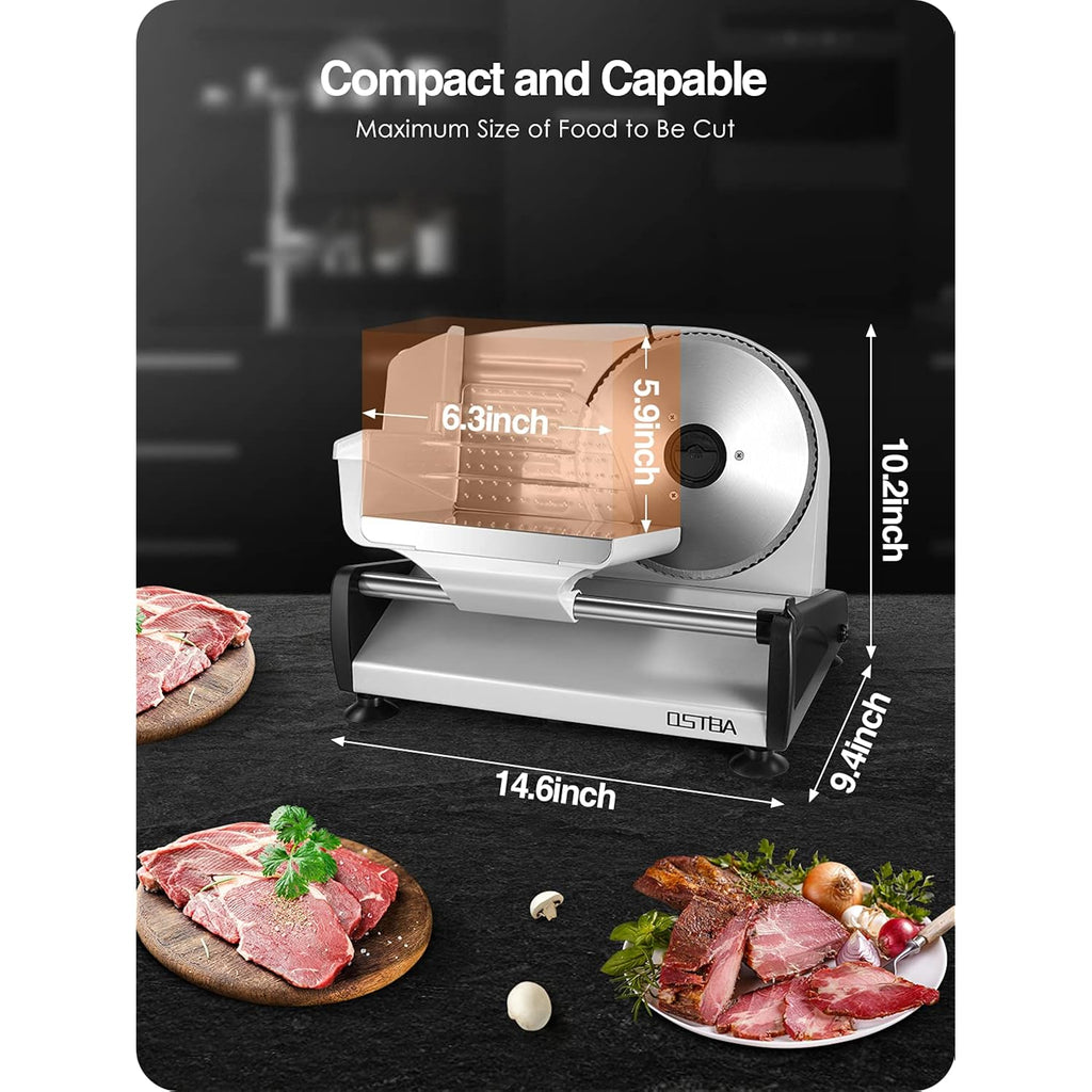 Ostba Meat Slicer 200W Electric Deli Food Slicer With 2 Removable 7.5" Stainless Steel Blade, Adjustable Thickness For Home Use, Child Lock Protection, Easy To Clean, Cuts Meat, Bread And Cheese