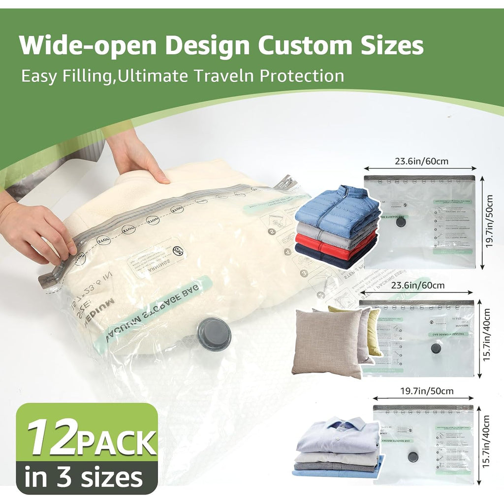 9+3 Packs Vacuum Bags For Travel With Rechargeable Air Pump, 3 Sizes Vacuum Seal Bags For Clothing, Space-Saving Compression Storage Bags For Travel & Closet Organization