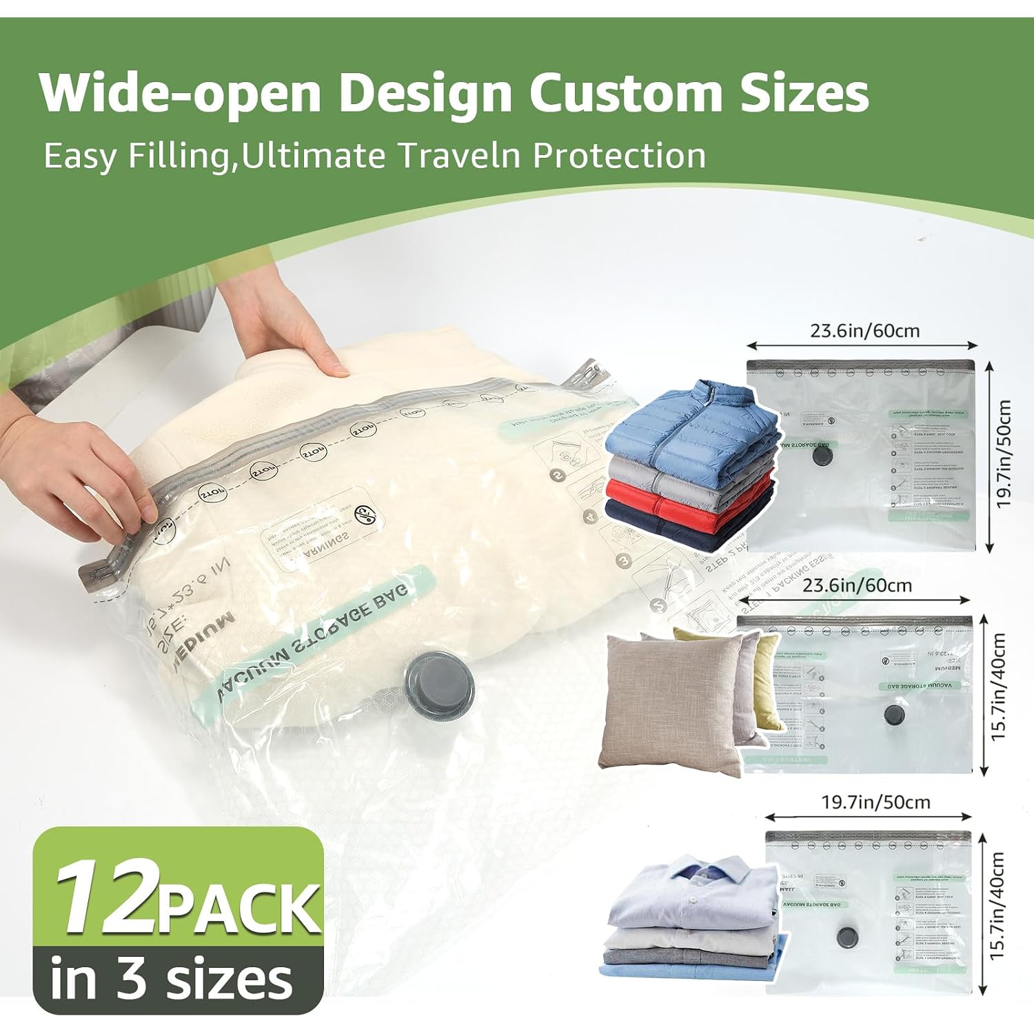 9+3 Packs Vacuum Bags For Travel With Rechargeable Air Pump, 3 Sizes Vacuum Seal Bags For Clothing, Space-Saving Compression Storage Bags For Travel & Closet Organization