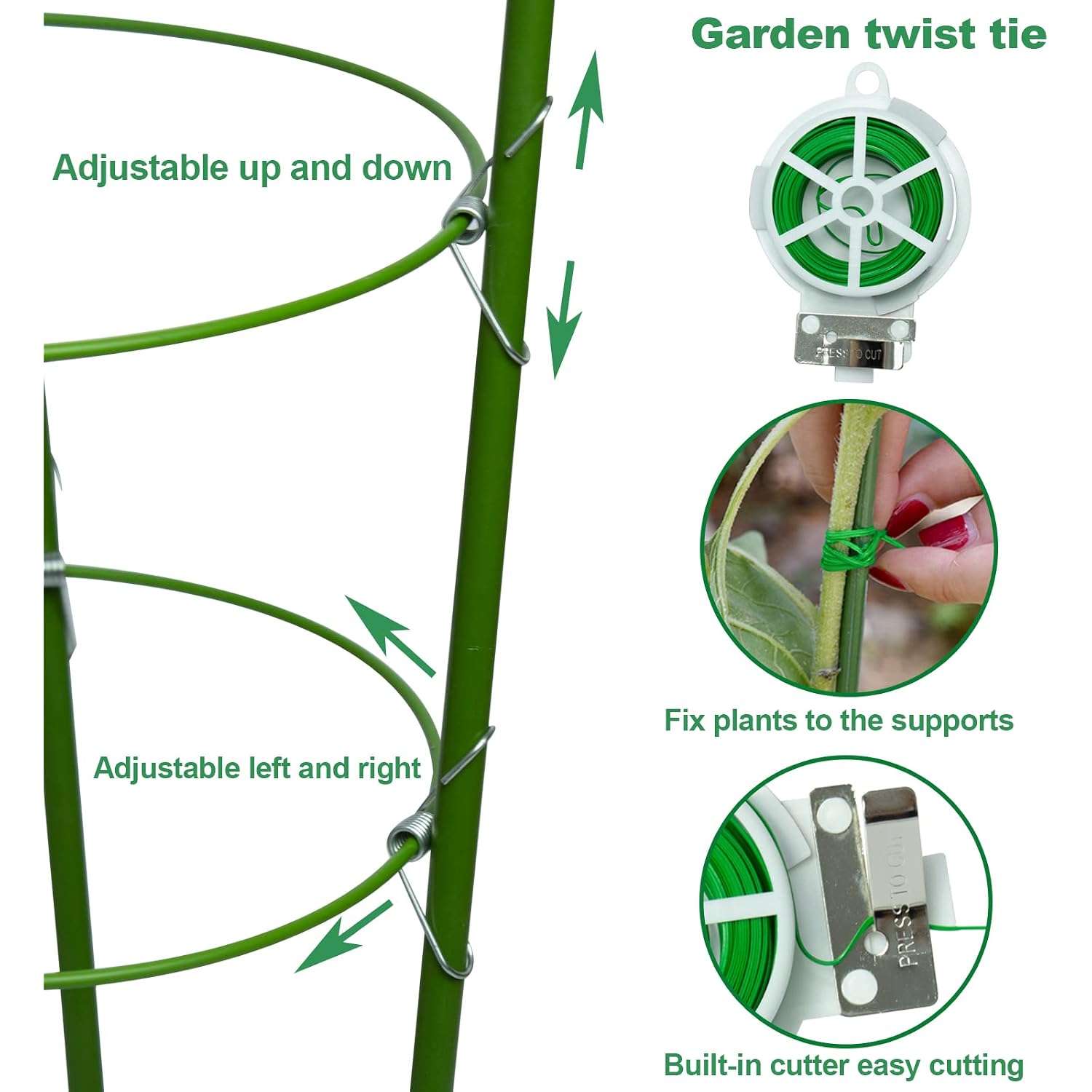 18" Small Plant Support Tomato Cages, 4 Pack Adjustable Garden Trellis For Indoor Outdoor Climbing Plants, Peony Flower Stakes With 66Ft Garden Twist Ties, Green Metal Plant Cages For Pots & Garden