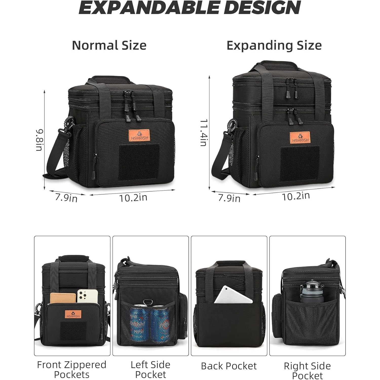 HSHRISH Expandable Large Tactical Lunch Box for Adults, Durable Insulated Lunch Bag with Shoulder Strap, Soft Cooler Bag for Men Work Outdoor Picnic Trips, 20 Can/16 L, Black