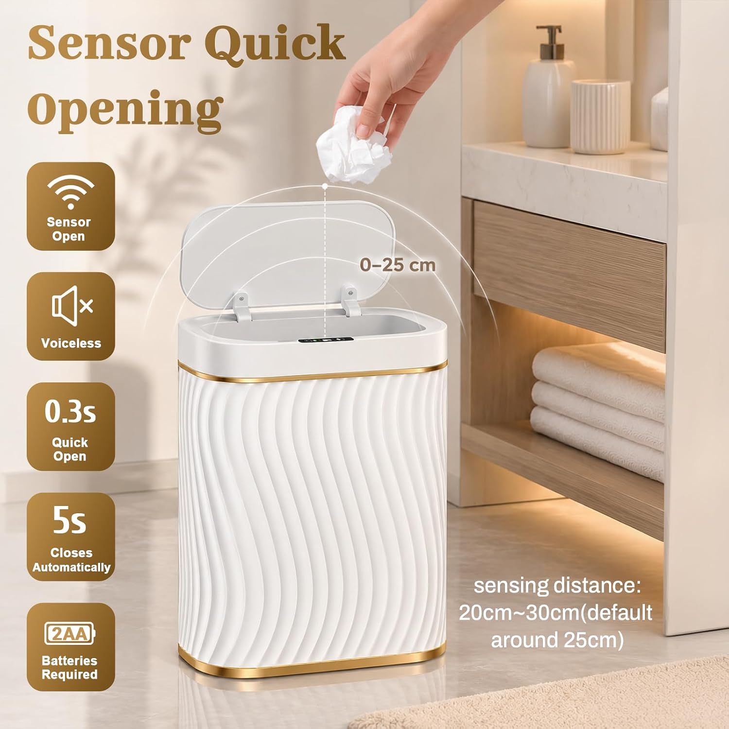 2.6 Gallon Automatic Bathroom Trash Can With Touchless Lid, White Gold | Motion Sensor Trash Can With Slim Waterproof Body; Small Plastic Garbage Can, Hands-Free Lid For Bedroom, Office, And Kitchen