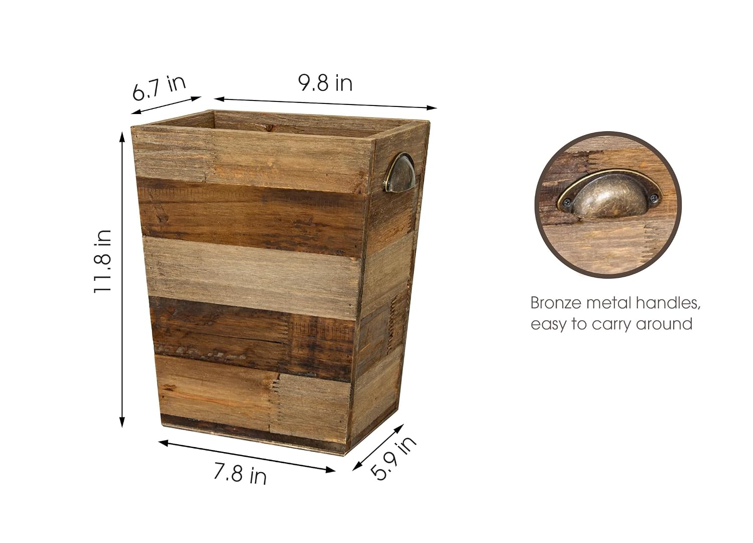 Small Wood Trash Can, Farmhouse Rectangular Garbage Can Waste Basket, Rustic Distressed Reclaimed Wood Wastebasket, Vintage Wooden Trash Recycling Bin Storage Basket With Metal Handles (Natural)