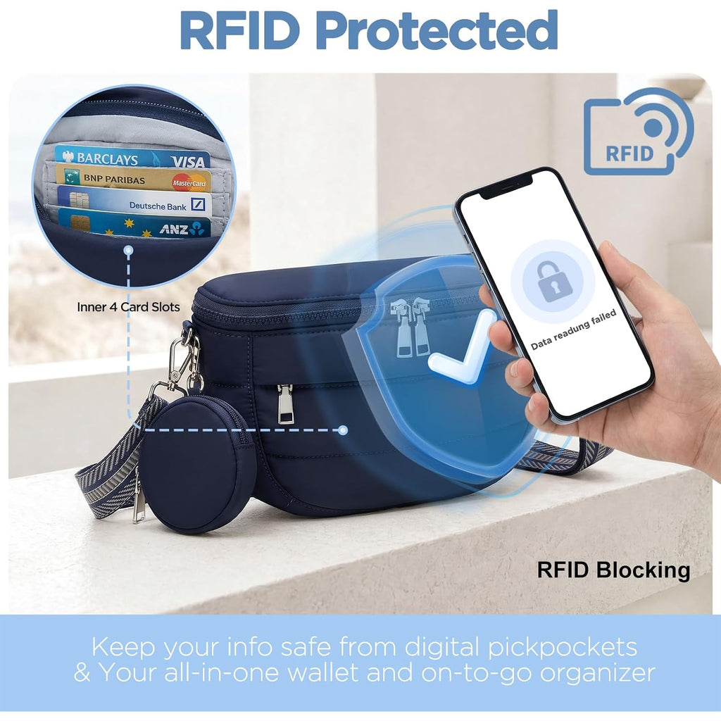 Crossbody Bag For Women, Lightweight Puffer Bum Bag With Rfid Blocking Pocket & Removable Coin Pouch, Hands-Free Travel Shoulder Bag For Everyday Vintage Blue