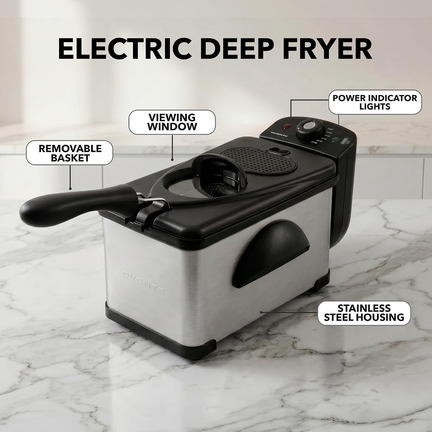 Ovente Electric Deep Fryer 2 Liter Capacity, 1500 Watt Lid With Viewing Window And Odor Filter, Adjustable Temperature, Removable Frying Basket And Easy To Clean Stainless Steel Body, Silver Fdm2201Br