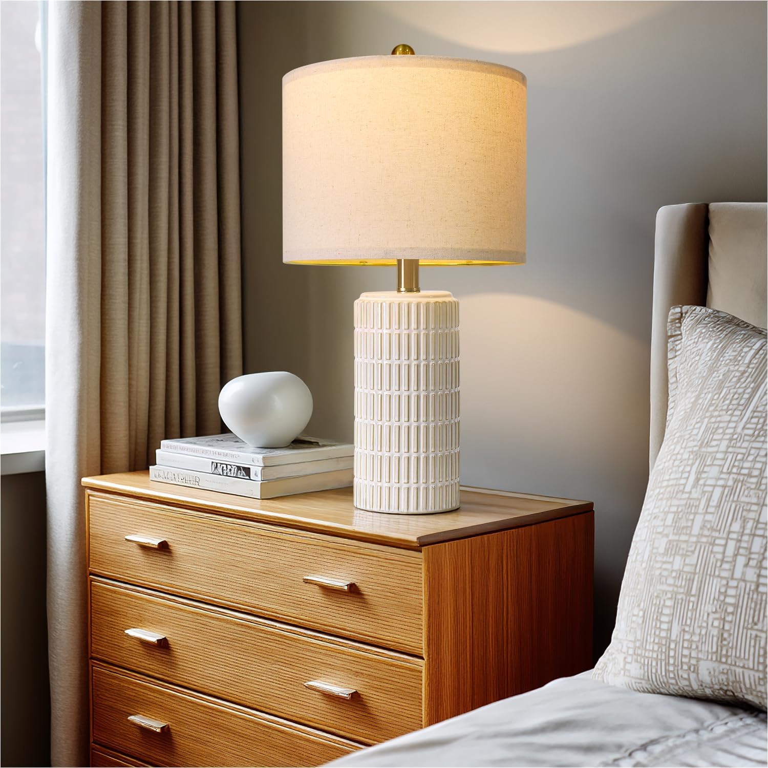 Pokat 20.75" Small Modern Ceramic Table Lamps Set Of 2 For Bedroom, White Bedside Lamps For Night Stands, Farmhouse Desk Home Decor Gift Nightstand Table Lamps For Living Room End Table Beige