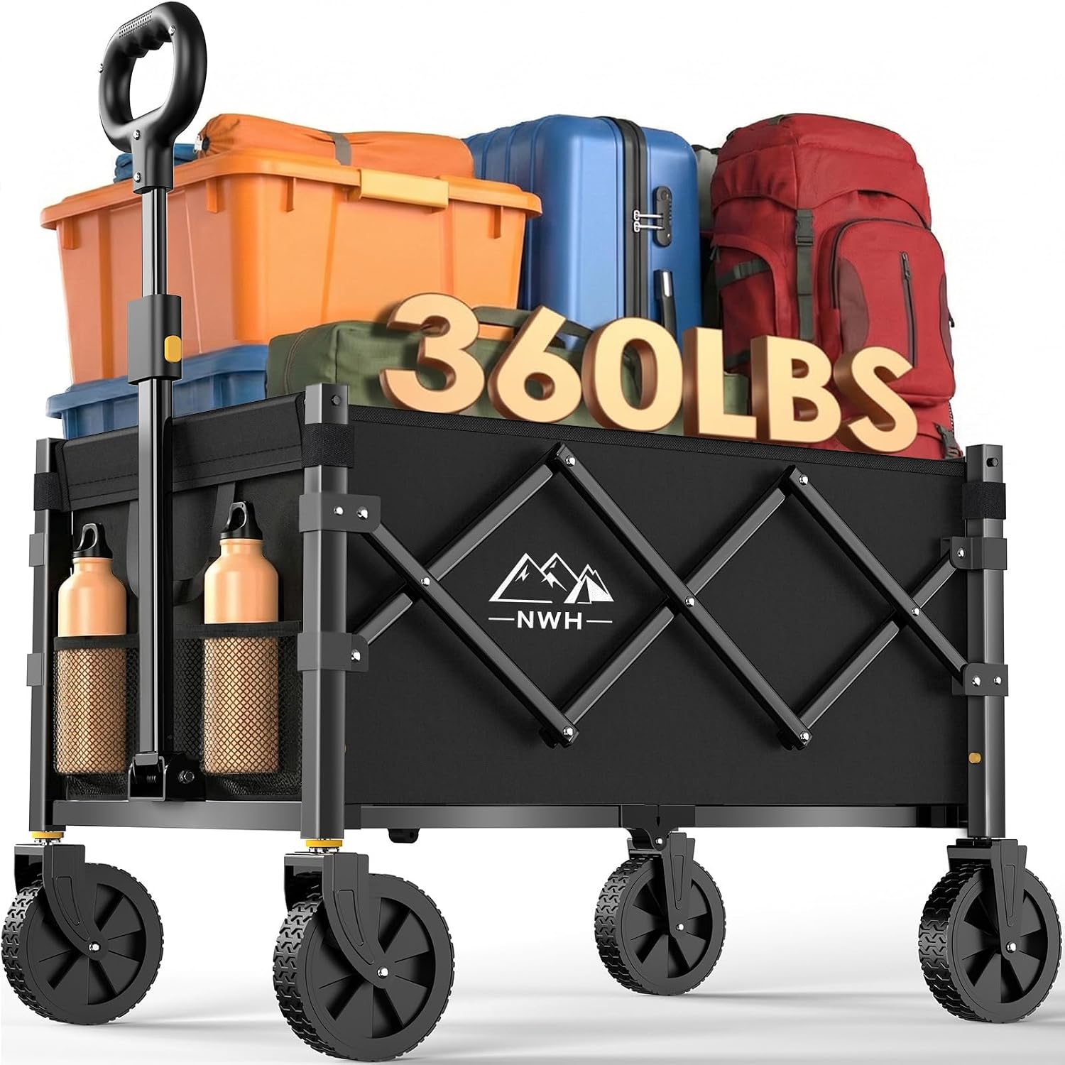 Nwh Collapsible Wagon Cart With Wheels Foldable, 360Lbs Large Capacity Portable Folding Utility Heavy Duty Beach Wagons Cart With All-Terrain Wheels For Groceries Shopping, Camping, Sports, Garden