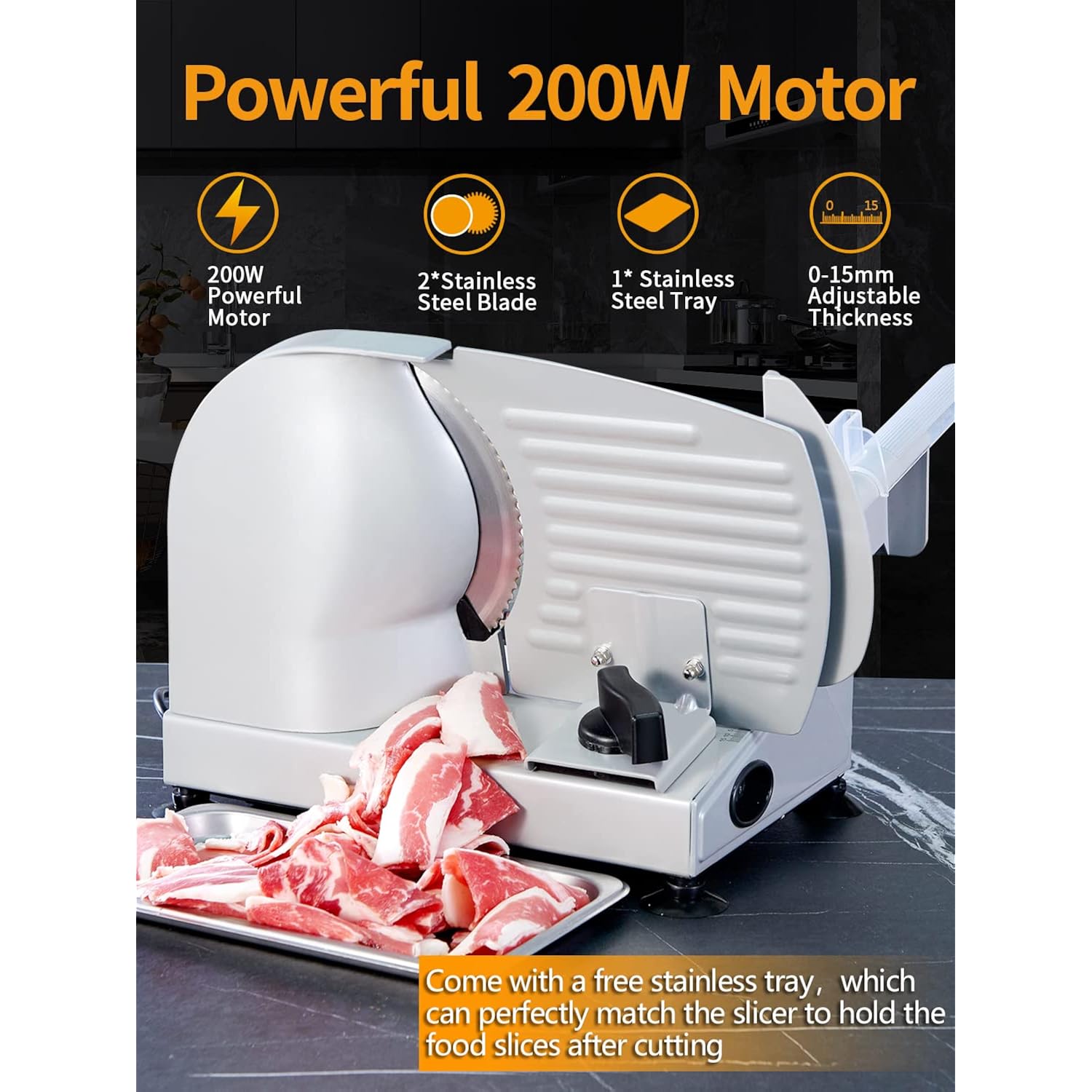 Meat Slicer, 200W Electric Food Slicer with 2 Removable 7.5" Stainless Steel Blades and Stainless Steel Tray, Child Lock Protection, Adjustable Thickness, Food Slicer Machine for Meat Cheese Bread