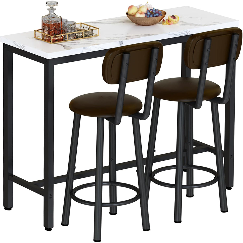 Awqm 3 Piece Bar Table Set Of 2,39.3" Pub Bar Table And Chairs Set,Faux Marble Bar Height Table With 2 Backrest Stools,Small Dining Table For 2,Kitchen Table Set For Small Space,White & Brown