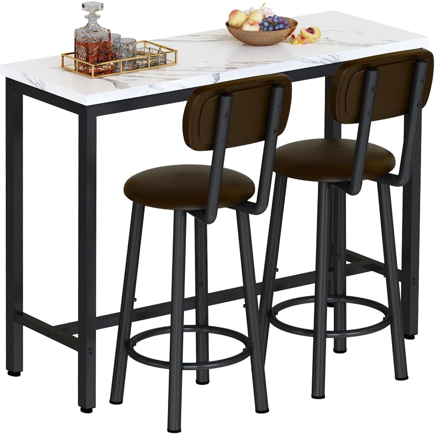 Awqm 3 Piece Bar Table Set Of 2,39.3" Pub Bar Table And Chairs Set,Faux Marble Bar Height Table With 2 Backrest Stools,Small Dining Table For 2,Kitchen Table Set For Small Space,White & Brown