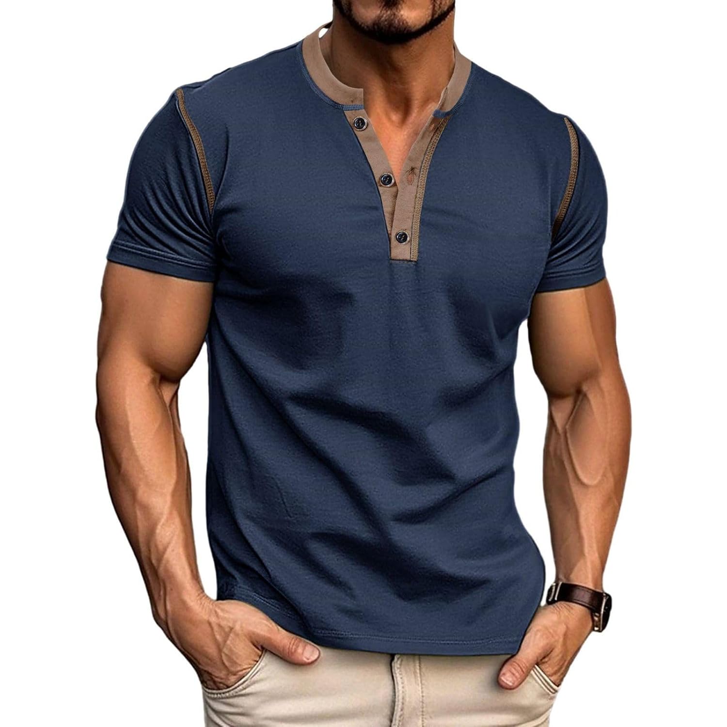 Men'S Casual Henley Shirts Classic Button Cotton Short Sleeve T-Shirt Summer Basic Solid Lightweight Tees Tops