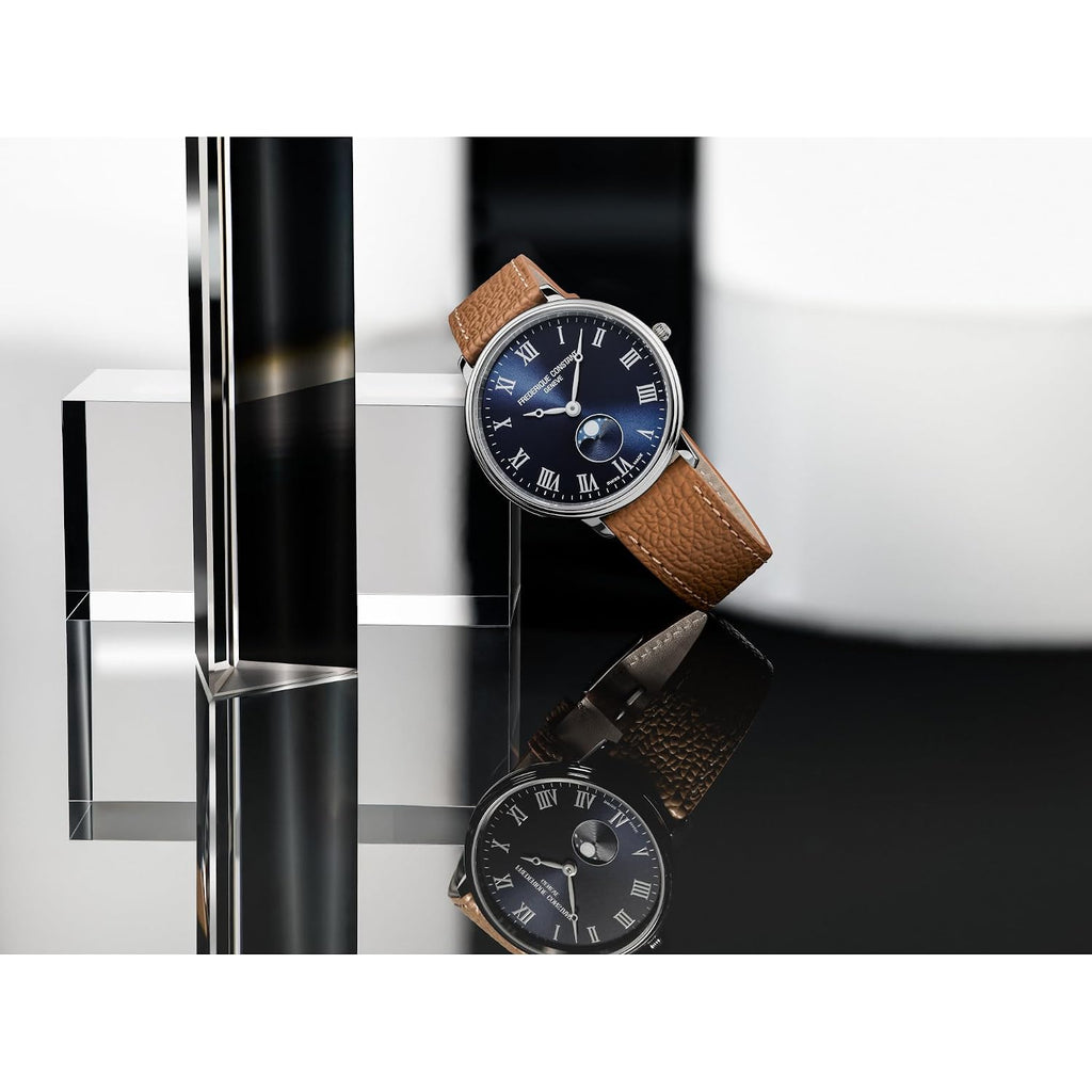 Frederique Constant Swiss Made Classic Quartz Moonphase Silver Stainless Steel Case Watch And Brown Leather Strap Blue Dial, Style:Fc-206Rn3S6
