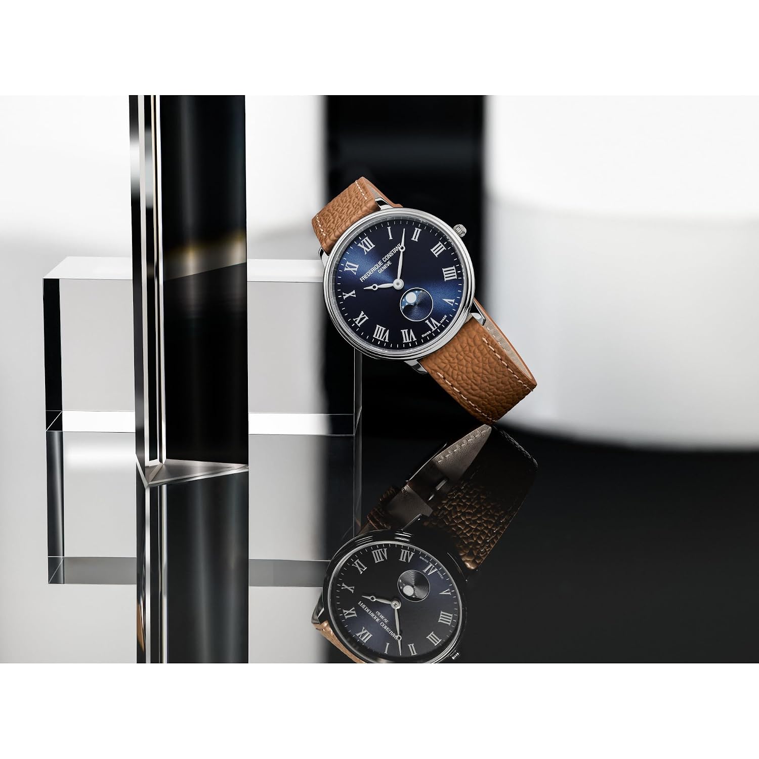 Frederique Constant Swiss Made Classic Quartz Moonphase Silver Stainless Steel Case Watch And Brown Leather Strap Blue Dial, Style:Fc-206Rn3S6
