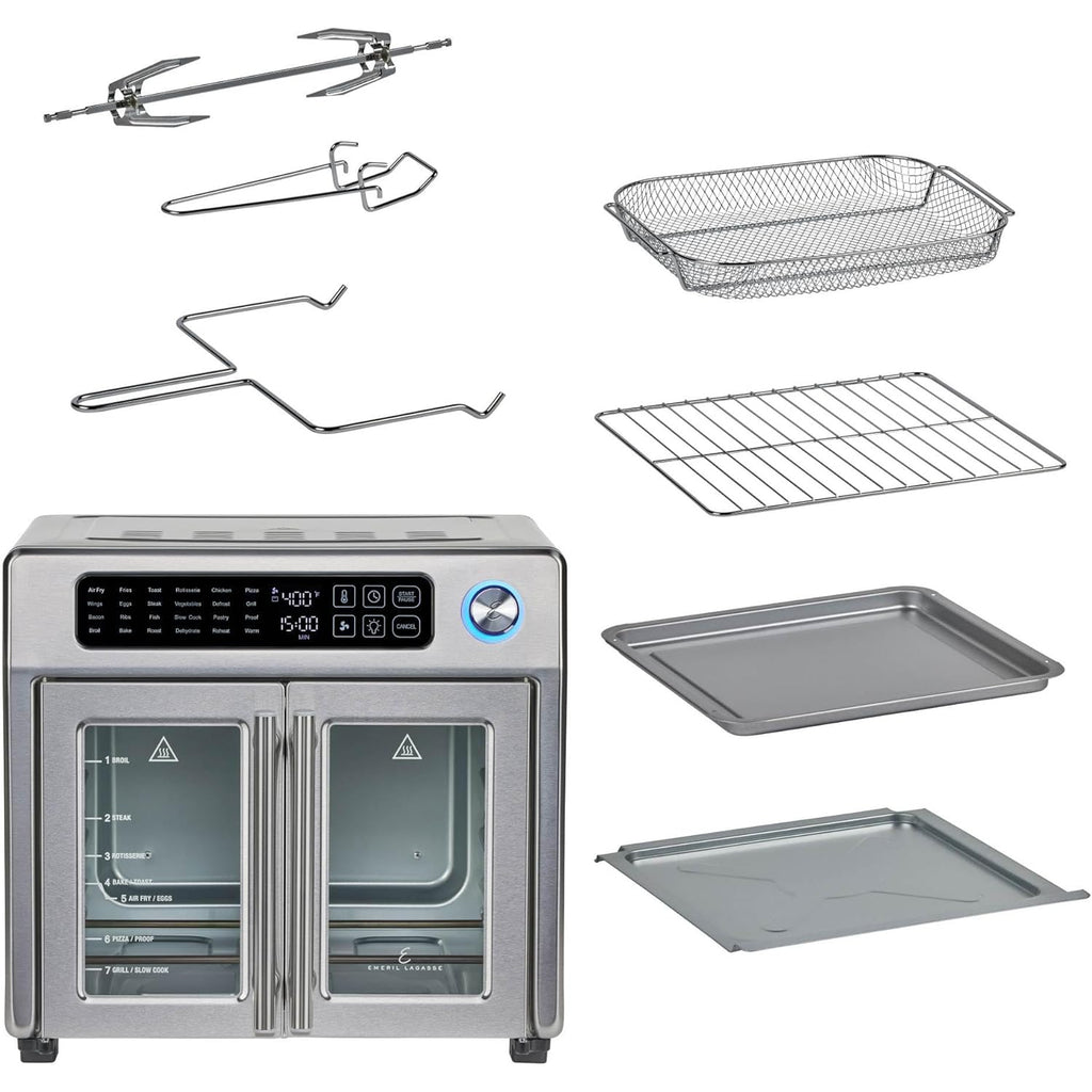 Emeril Lagasse Extra Large French Door Air Fryer Toaster Oven Combo, 24 Cooking Functions and Digital Controls, 7 Accessories Included, Stainless Steel Finish, 26QT Capacity