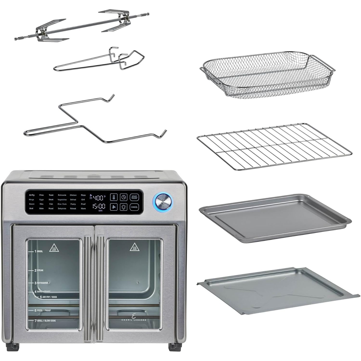 Emeril Lagasse Extra Large French Door Air Fryer Toaster Oven Combo, 24 Cooking Functions and Digital Controls, 7 Accessories Included, Stainless Steel Finish, 26QT Capacity