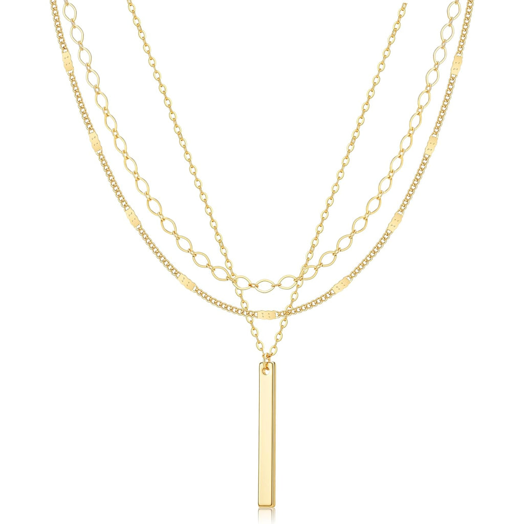 Gold Necklace for Women 14K Gold Plated Layered Cross Bar Necklace Herringbone Figaro Paperclip Flat Chain Cute Charm Accessories Non Tarnish Jewelry Set Gifts for Women