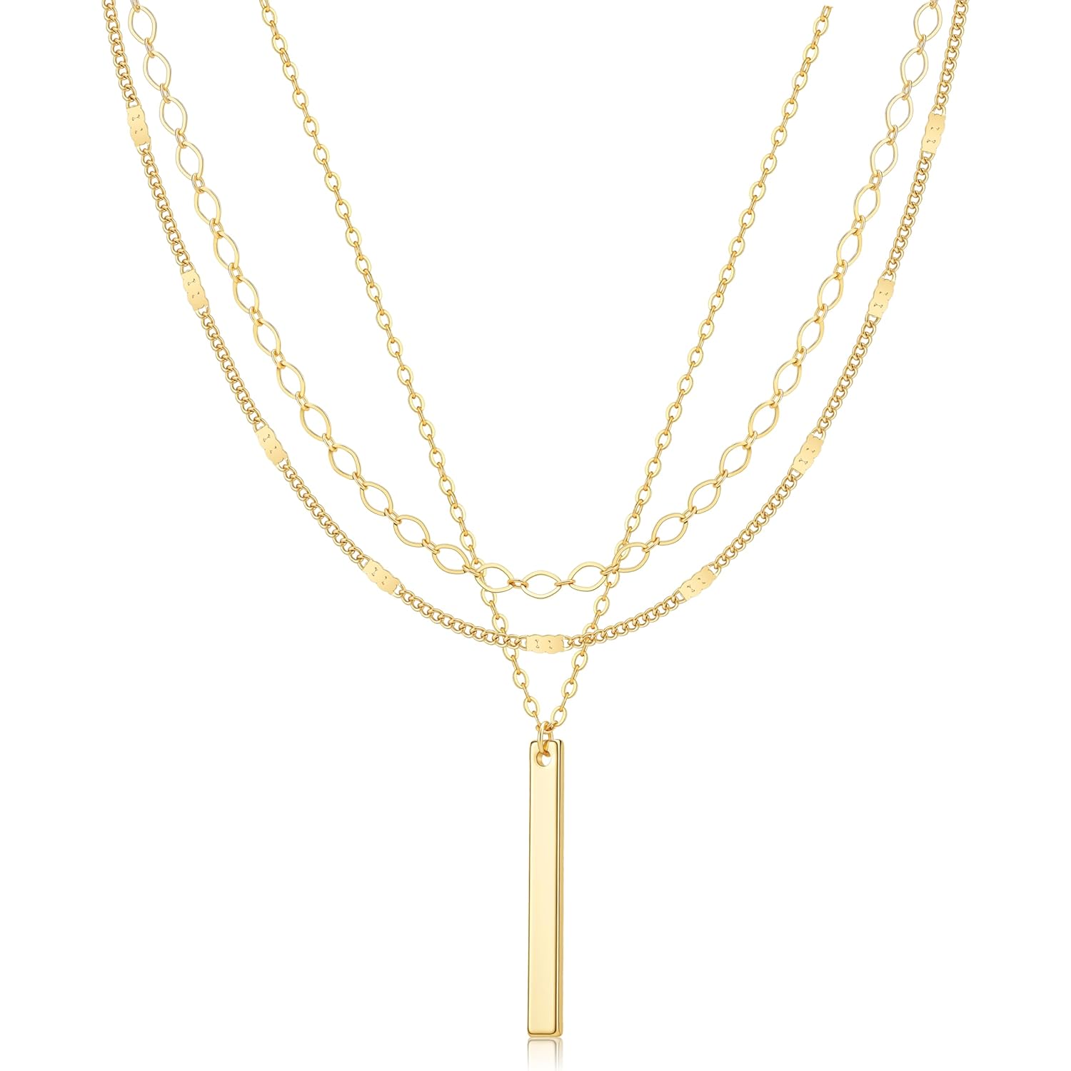 Gold Necklace for Women 14K Gold Plated Layered Cross Bar Necklace Herringbone Figaro Paperclip Flat Chain Cute Charm Accessories Non Tarnish Jewelry Set Gifts for Women