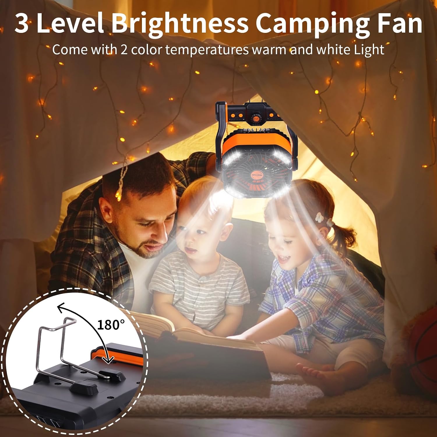 Westtree 20000Mah Battery Powered Fan Camping Fan Essentials Portable Fan Battery Operatedrechargeable Outdoor Tent With Light & Hook Personal Usb Desk For Camping,Orange