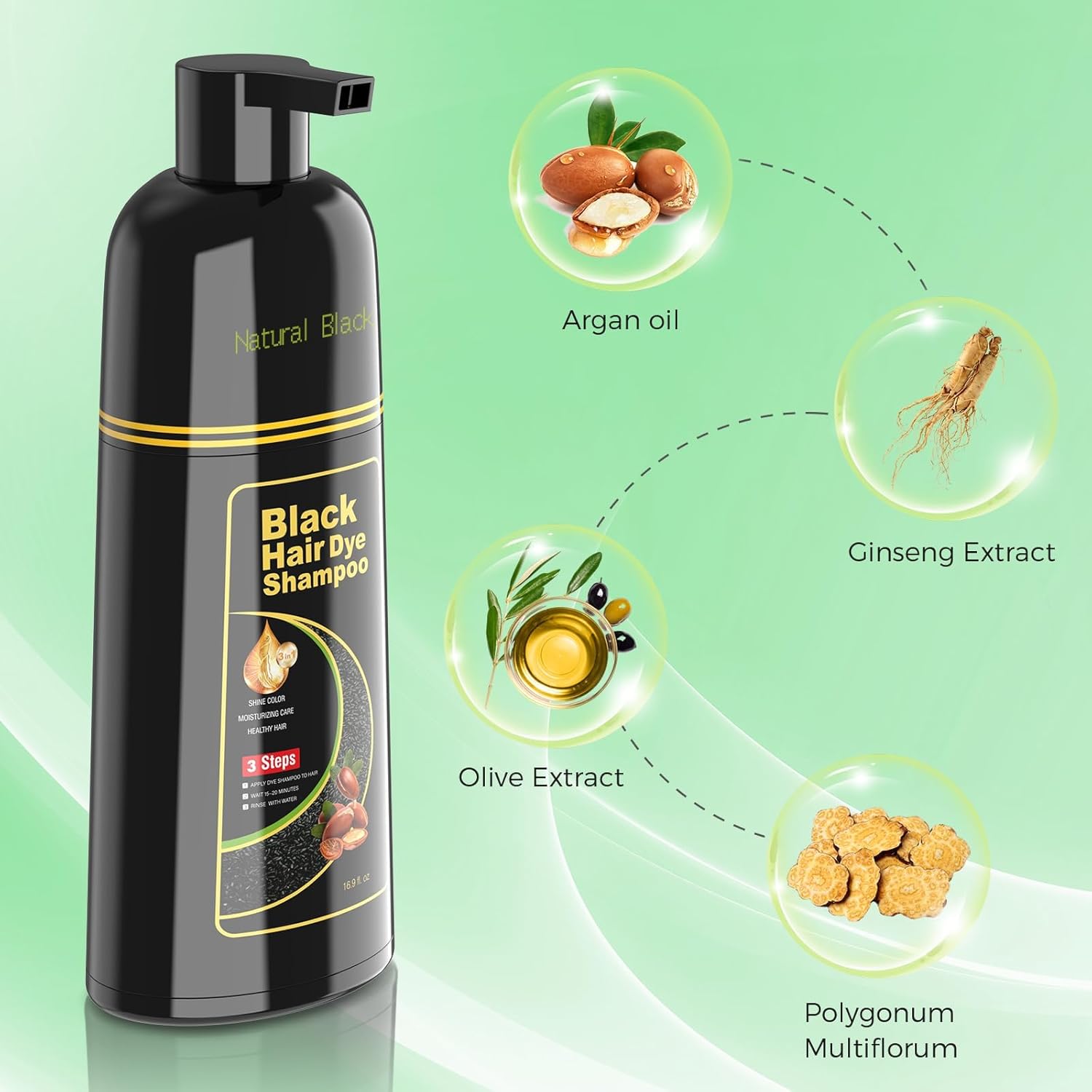 Black Hair Dye Shampoo for Woman & Man, Argan Hair Color Shampoo 3 in 1, Semi-Permanent Gray Hair Coverage, Mild Formula, Lasts 30 Days(16.90 oz)