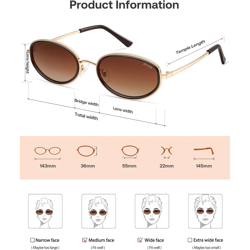 SOJOS Trendy Oval Polarized Sunglasses for Women Men, 80s 90s Chic Retro Vintage Sunnies SJ1248 Dark Brown/Reddish Brown