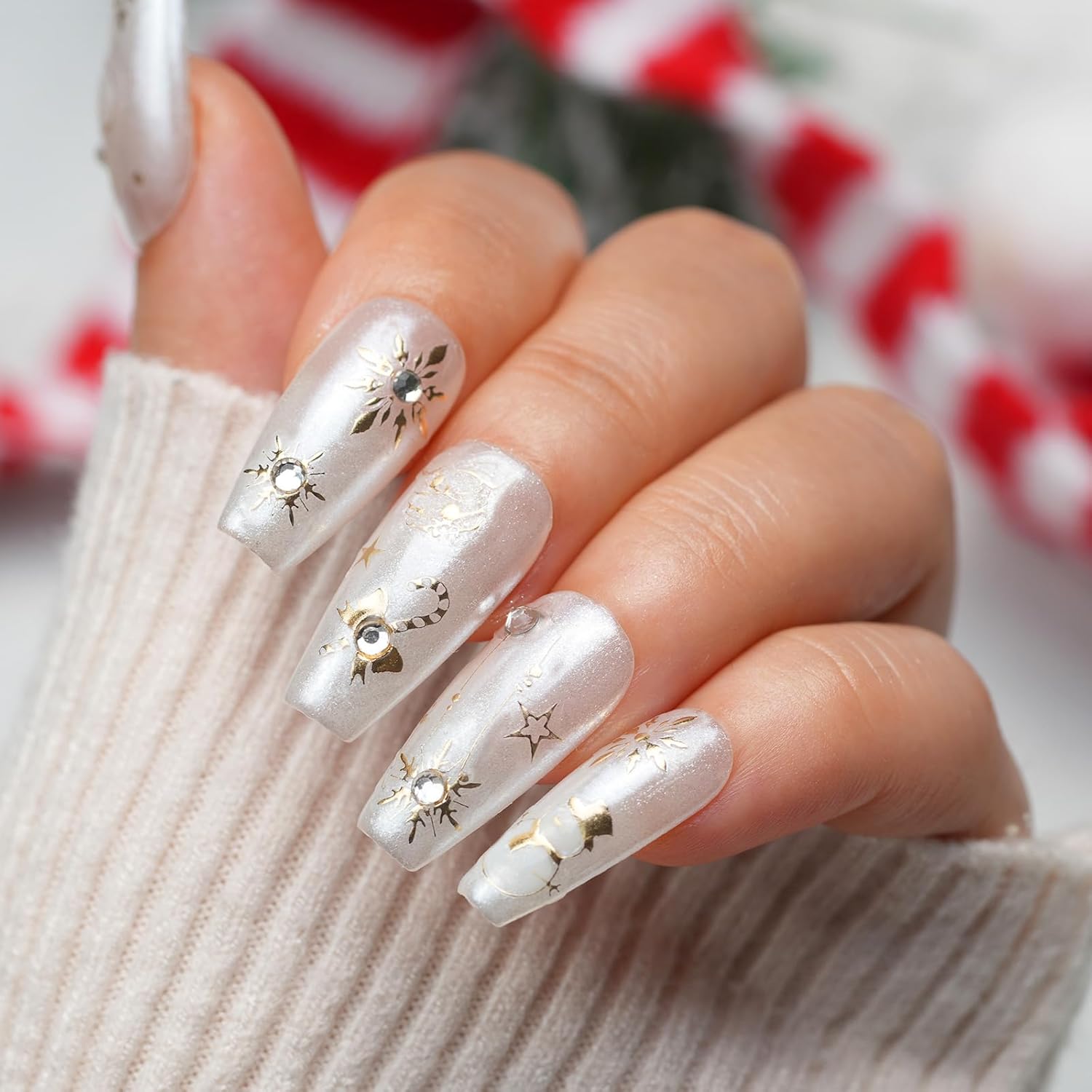 Christmas Nail Art Stickers - 3D Xmas Nail Sticker with Charms Rhinestone for Winter Holiday, Gold Christmas Nail Stickers for Nail Art Self-Adhesive Nail Decals DIY Nail Decoration