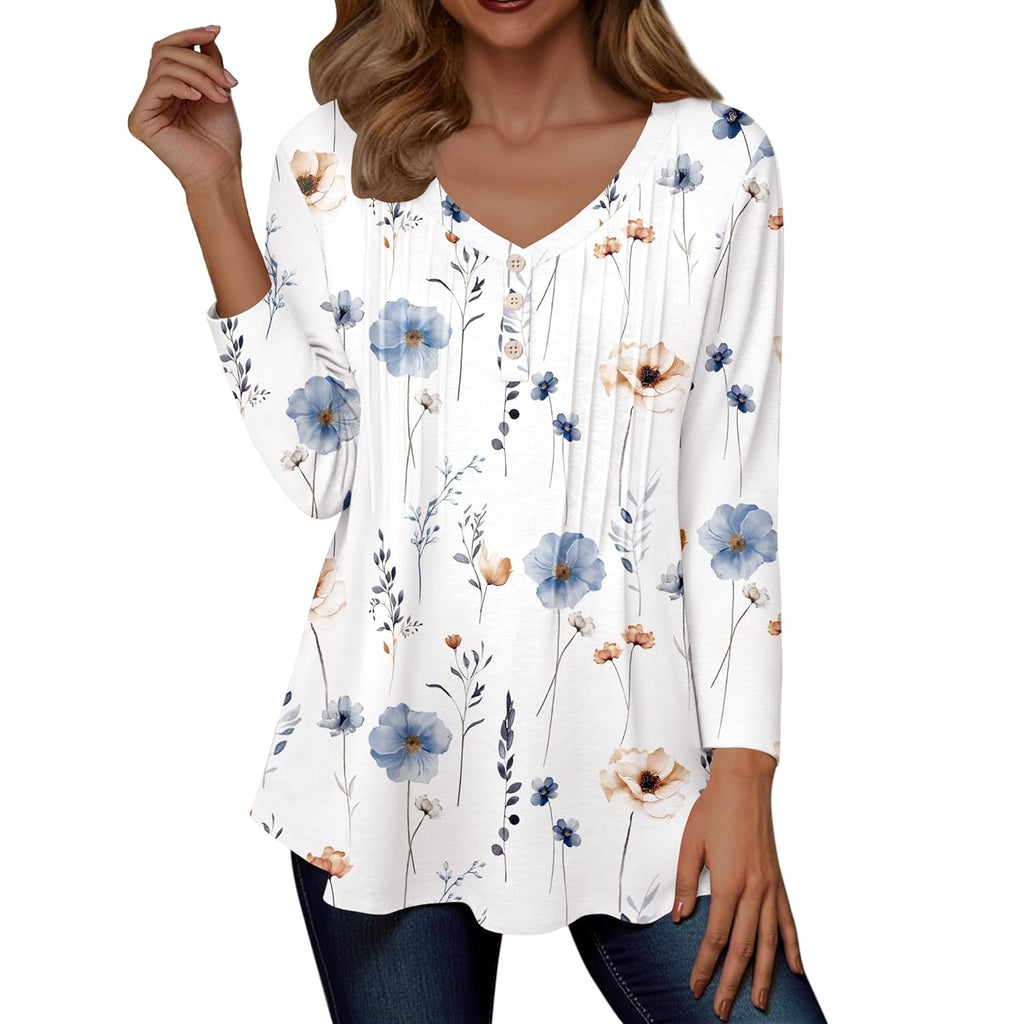 Womens Long Sleeve Tops V-Neck Loose Fit Shirts Pleated Print T-Shirts Dressy Casual 2026 Tunics