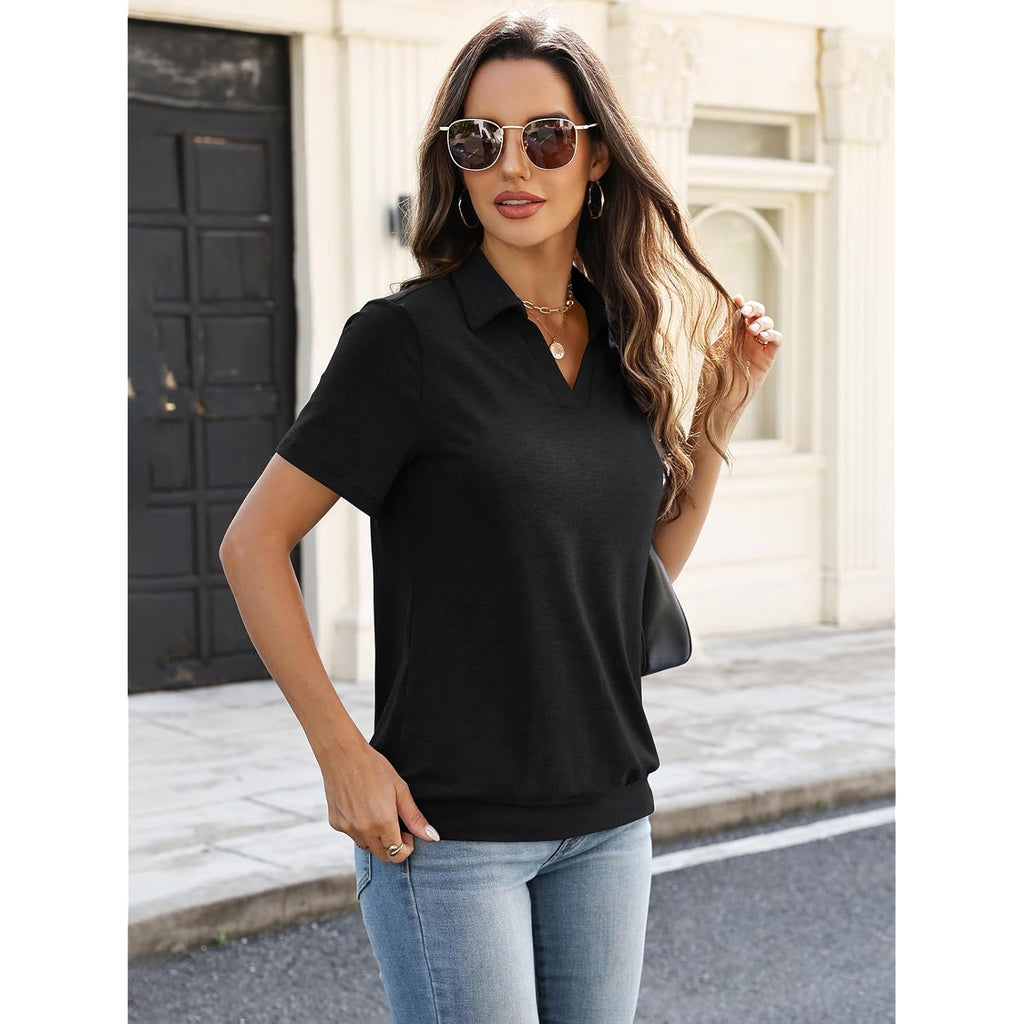 Womens Polo Shirts Short Sleeve Banded Bottom Tops Business Casual Tops Collared V Neck Dressy Blouses