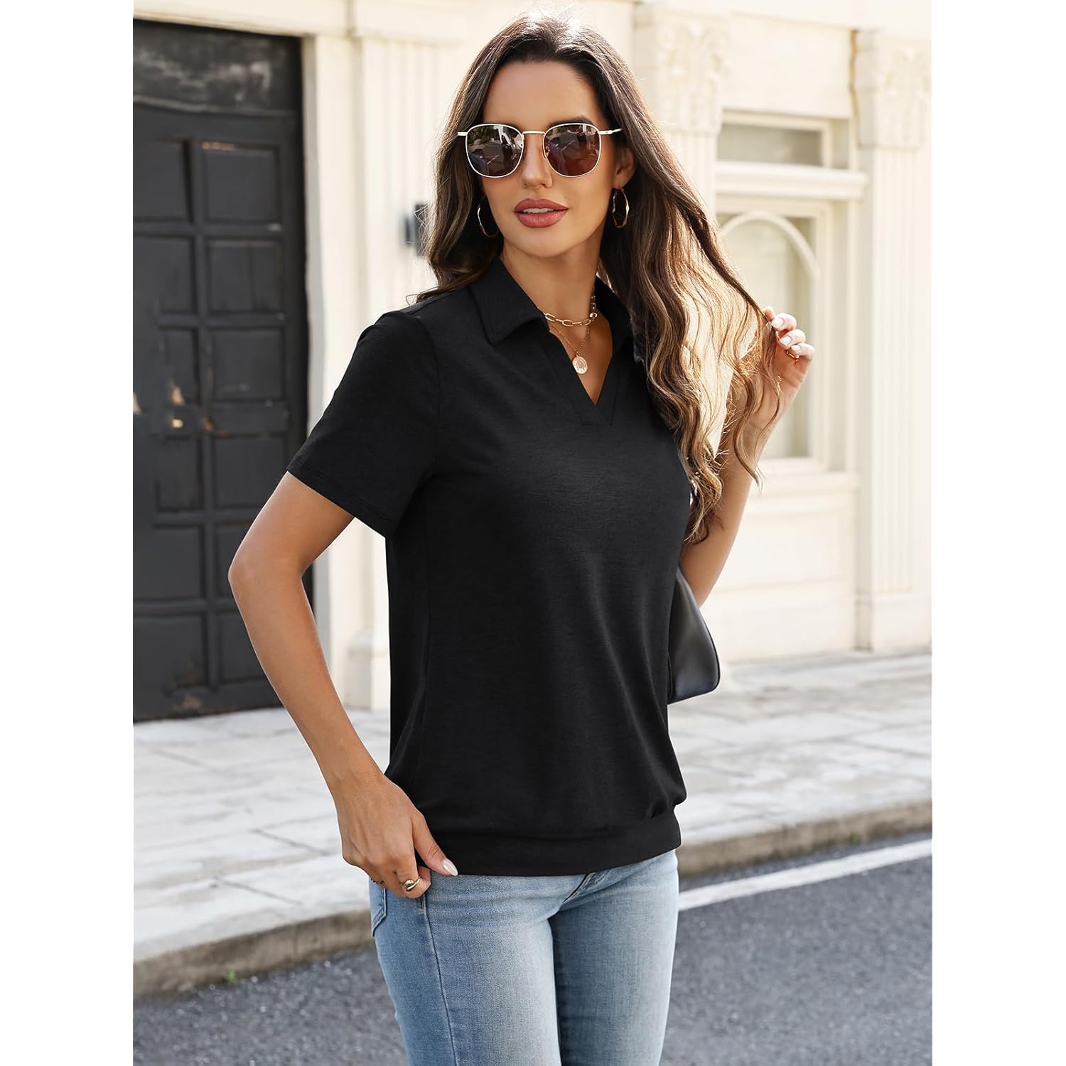 Womens Polo Shirts Short Sleeve Banded Bottom Tops Business Casual Tops Collared V Neck Dressy Blouses