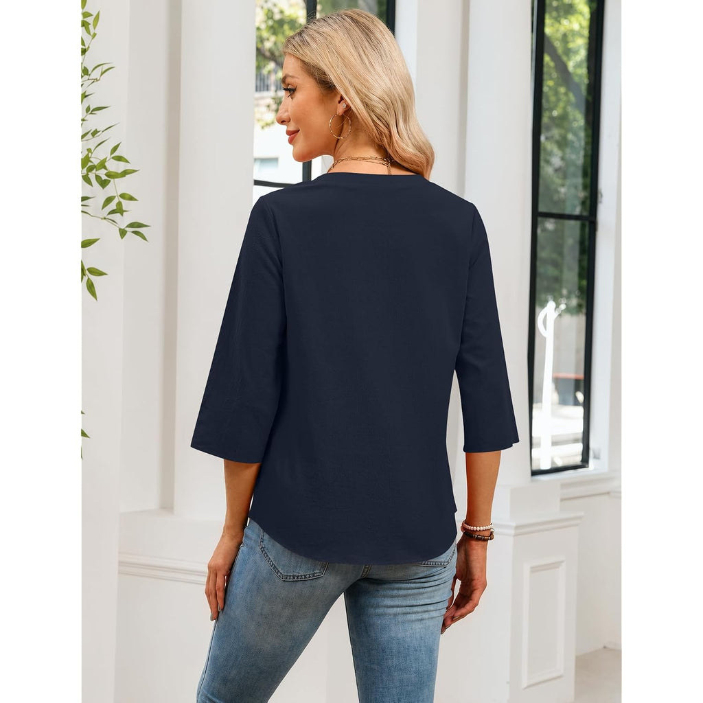 LOMON 3/4 Length Sleeve Womens Tops Cotton Linen Shirts V Neck Loose Fit Casual Blouses Early Fall Fashion Clothes