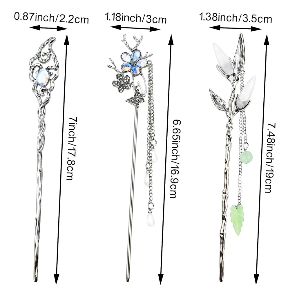 6Pcs Star Moon Hair Sticks For Buns Long Hair Chinese Hanfu Asian Vintage Hair Chopsticks Metal Silver Hair Bun Updo Holders Long Hairpins For Women Girls