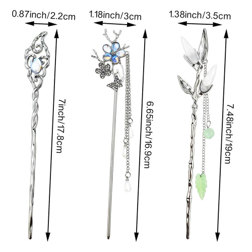 6PCS Star Moon Hair Sticks for Buns Long Hair Chinese Hanfu Asian Vintage Hair Chopsticks Metal Silver Hair Bun Updo Holders Long Hairpins for Women Girls