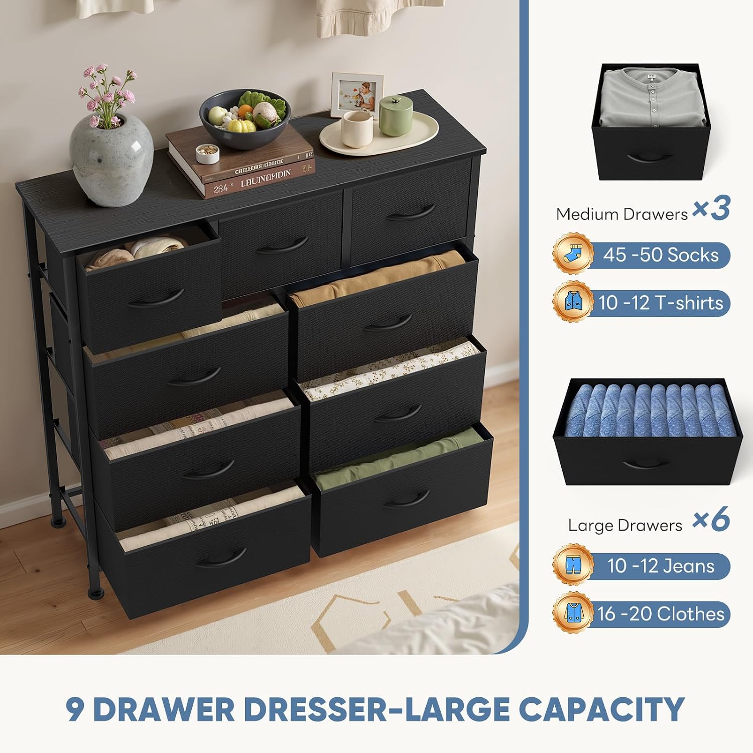 Dumos 9 Drawer Dresser For Bedroom, Fabric Storage Organizer With Sturdy Metal Frame, Wooden Top Chest Of Drawers For Closet Entryway Guest Room,Matte Black