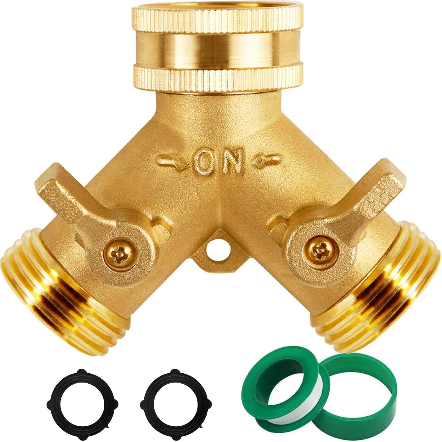Triumpeek Brass Garden Hose Splitter, 3/4 Inch 2-Way Y Brass Hose Connector With O-Ring Washers & Tape