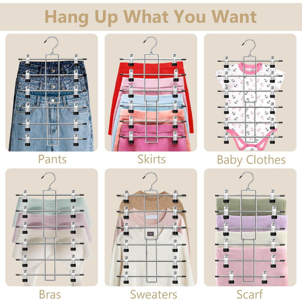 Pants Hangers With Clips,Space Saving Hanging Closet Organizer-6 Tiers Skirt Hangers With 360° Swivel Hook,Closet Organizer-Clothes Hangers- College Dorm Essentials Apartment Essentials-2 Pack