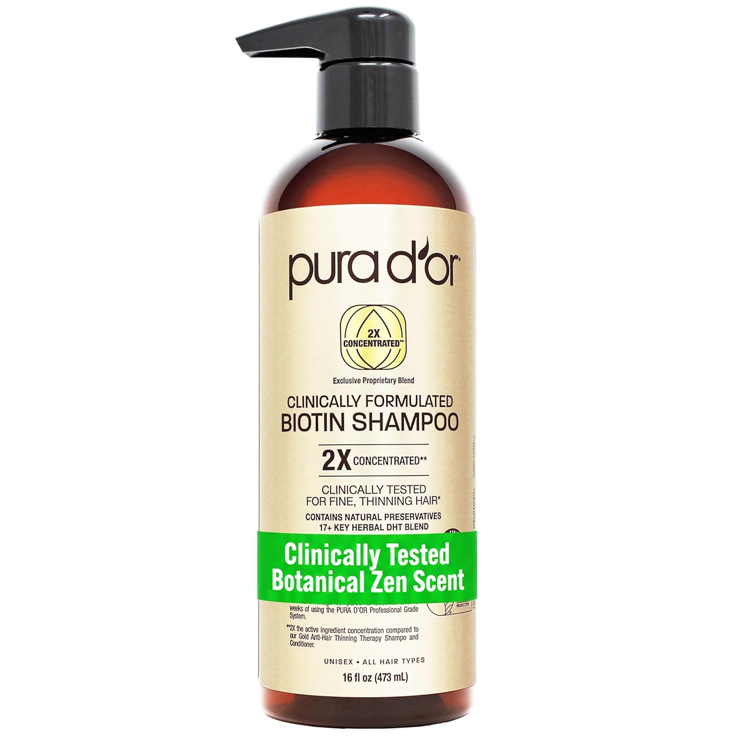 Pura D'Or Clinically Formulated Biotin Shampoo - Daily Hair Care Routine For Thinning Hair - 2X Concentrated 17+ Key Herbal Blend Hair Thickening Products For Women & Men, Botanical Zen Scent 16 Fl Oz
