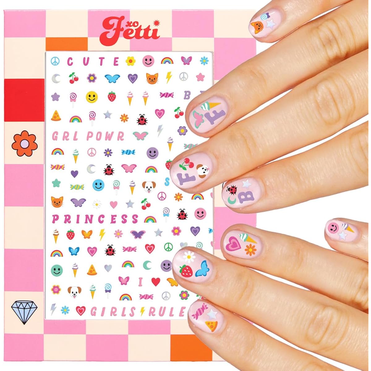 xo, Fetti Kids Nail Stickers - 816 Decals | Birthday Girl Party Favors, DIY Home Activity, Gift, Cute Nail Transfer, Groovy, Princess, Girl Power, Easter Basket