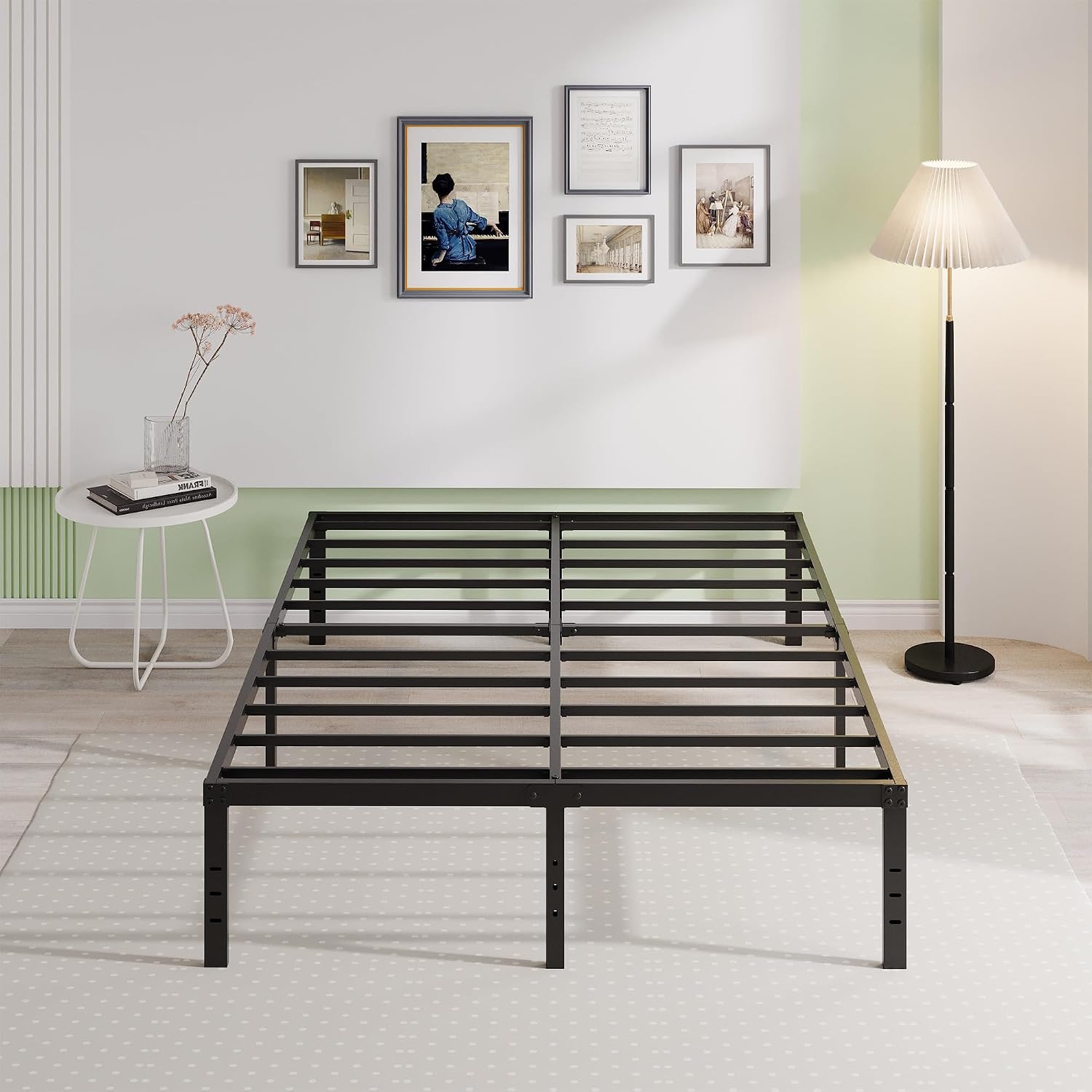 Emoda Queen Bed Frame No Box Spring Needed 18 Inch Heavy Duty Metal Tall Platform Bed Frame Queen Size With Large Storage Space, Easy Assembly, Black