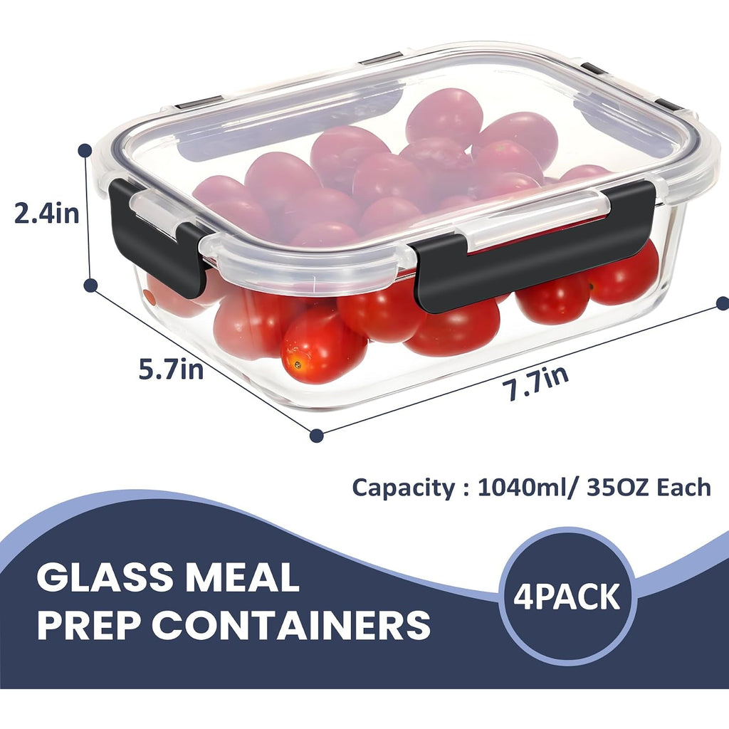 Hotec 35Oz Glass Food Storage Container, Airtight Glass Lunch Fruit Containers With Lids - Microwave, Oven, Freezer And Dishwasher Safe, 4-Pack