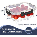 Hotec 35Oz Glass Food Storage Container, Airtight Glass Lunch Fruit Containers With Lids - Microwave, Oven, Freezer And Dishwasher Safe, 4-Pack