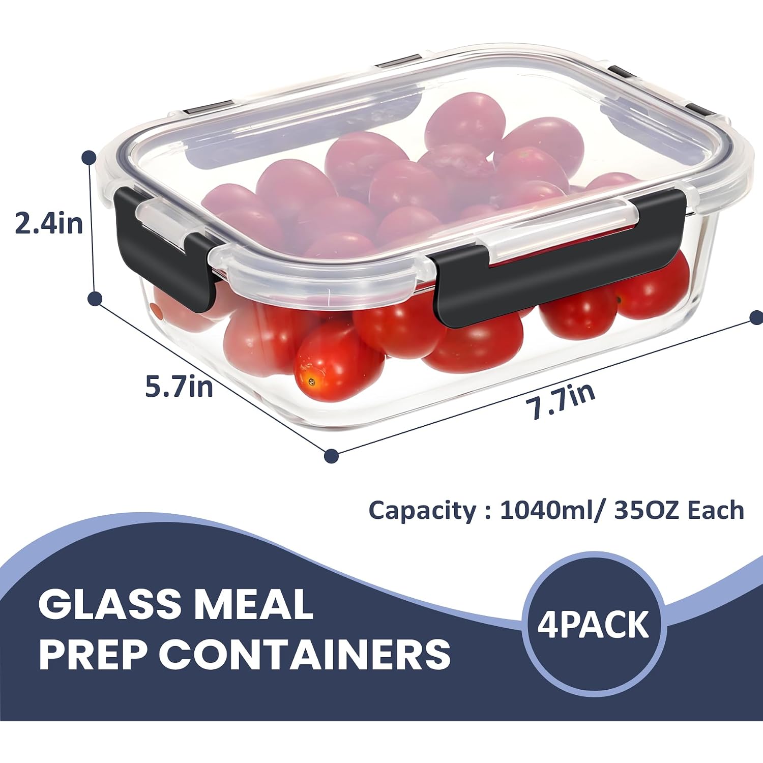 Hotec 35Oz Glass Food Storage Container, Airtight Glass Lunch Fruit Containers With Lids - Microwave, Oven, Freezer And Dishwasher Safe, 4-Pack
