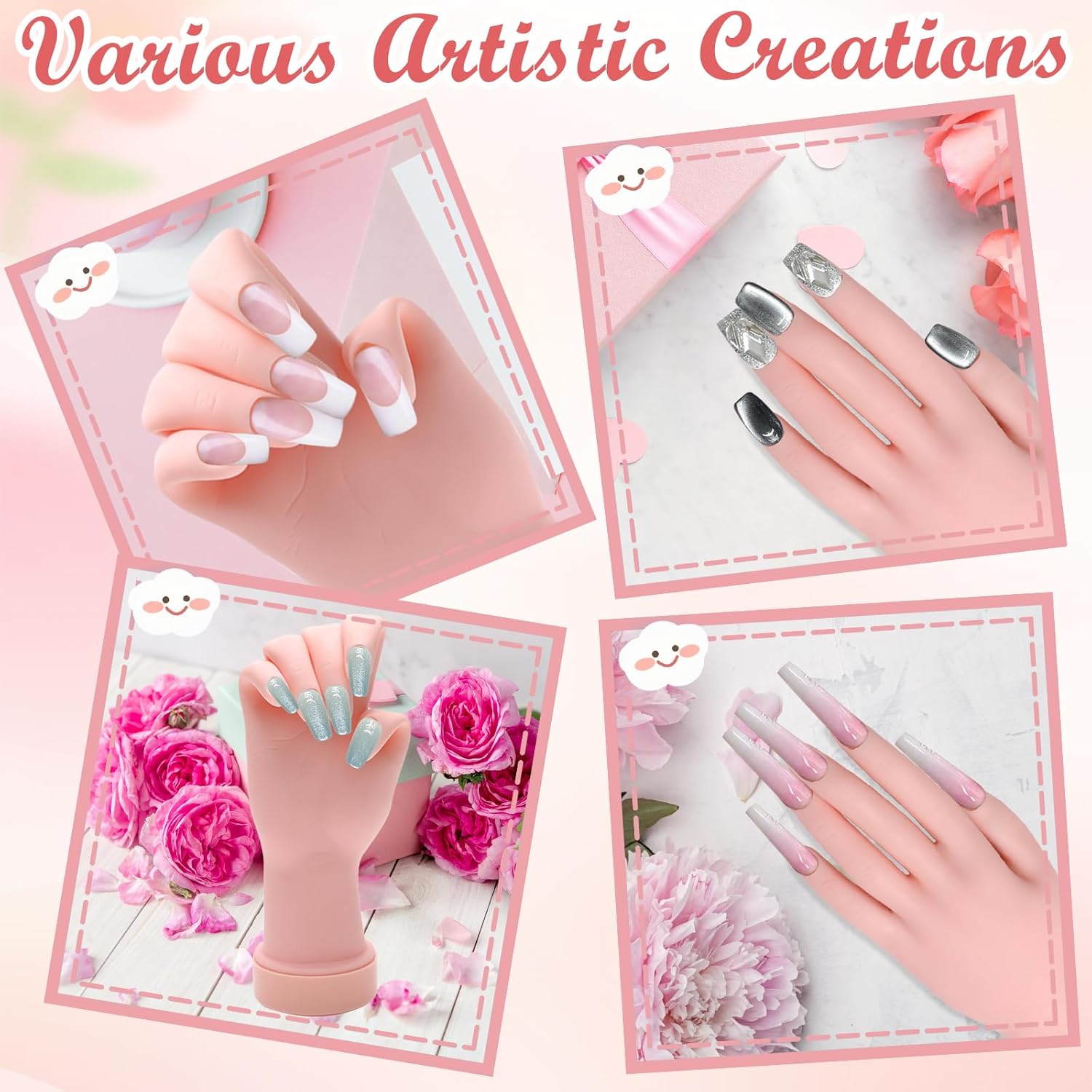 Practice Hand for Acrylic Nails, Flexible Bendable Nail Practice Hand for Beginners with 100 PCS Nail Tips & 192 PCS Jelly Glues, Silicone Manicure Training kit for Nail Art