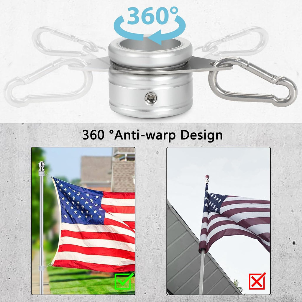 Anovo Flag Pole Rings, Aluminum Alloy Flag Pole Clips Swivels 360° Rotating Anti Wrap Mounting Ring With Carabiner, Flag Pole Kit Parts (Φ:1 Inch -Pack Of 2(Silver))