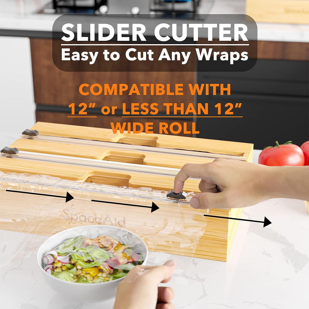 Spaceaid Wrapneat 3 In 1 Wrap Organizer With Cutter And Labels, Plastic Wrap, Aluminum Foil And Wax Bamboo Dispenser For Kitchen Storage Organization Holder For 12" Roll (Natural)
