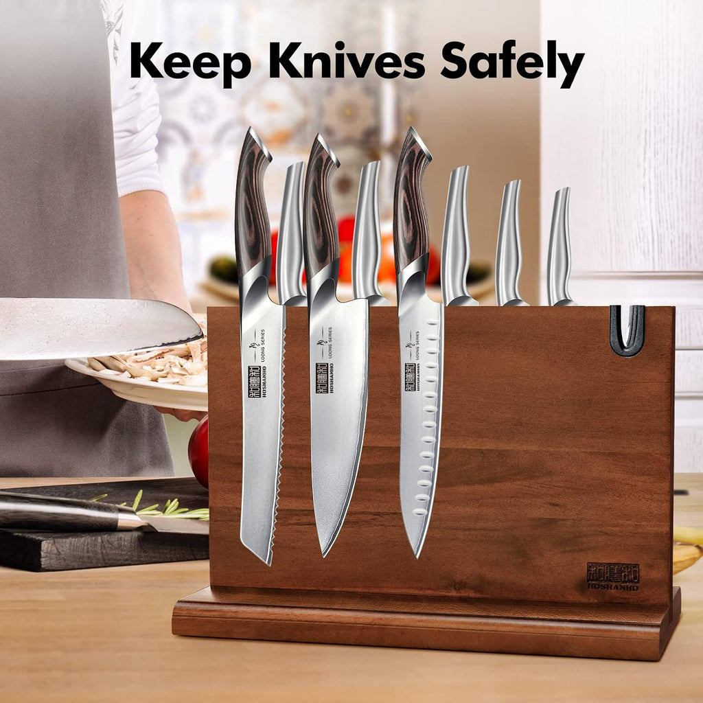 Hoshanho Magnetic Knife Block 14 X 10 Inches, Double Sided Magnetic Knife Holder Rack For Kitchen Counter, Acacia Wood Magnetic Knife Storage Stand With Knife Sharpener