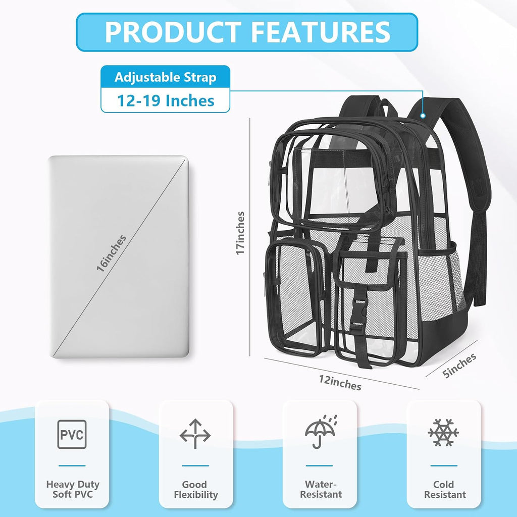 Clear Backpack For School, 17 Inch Heavy Duty Pvc Transparent Bookbag | Reinforced Straps Stitches, Clear Bag For Stadium Events Girls Boys, Large Capacity Backpack For Security College Work Black