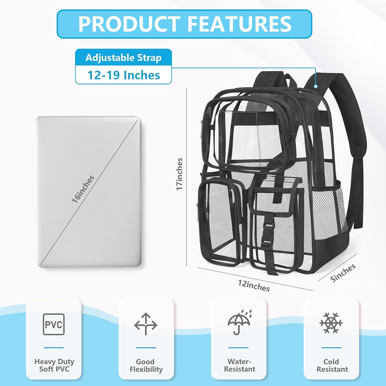 Clear Backpack For School, 17 Inch Heavy Duty Pvc Transparent Bookbag | Reinforced Straps Stitches, Clear Bag For Stadium Events Girls Boys, Large Capacity Backpack For Security College Work Black