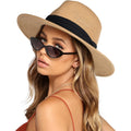 FURTALK Womens Mens Wide Brim Straw Panama Hat Fedora Summer Beach Sun Hats UPF Straw Hat for Women Khaki