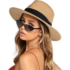 FURTALK Womens Mens Wide Brim Straw Panama Hat Fedora Summer Beach Sun Hats UPF Straw Hat for Women Khaki