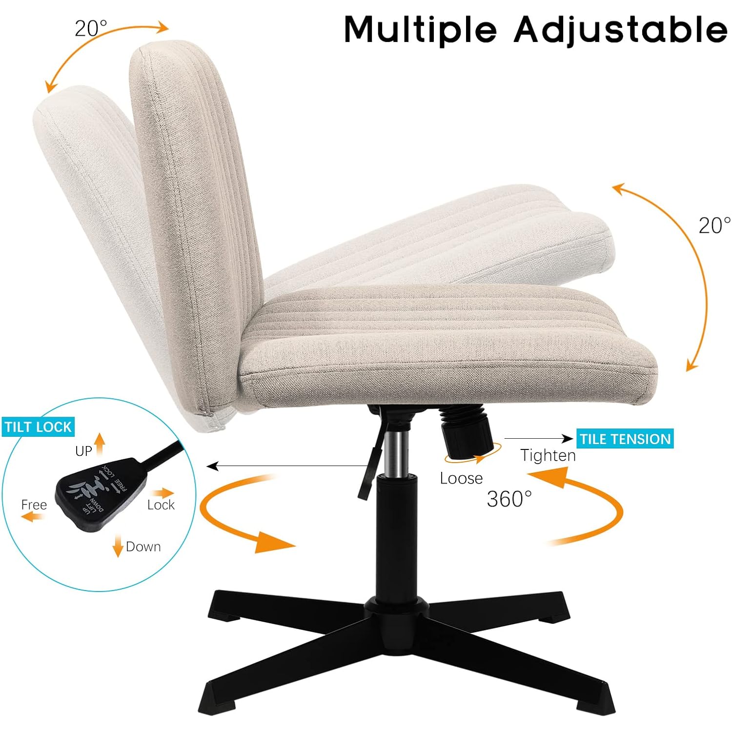 Criss Cross Chair,Comfy Cross Legged Office Desk Chair No Wheels,Modern Fabric Swivel Adjustable Height Mid Back Wide Seat For Home Office Computer (Beige)